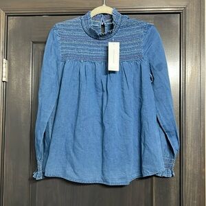 FRENCH CONNECTION NWT Victorian High‎ Collar Washed Smocked Denim Top Medium